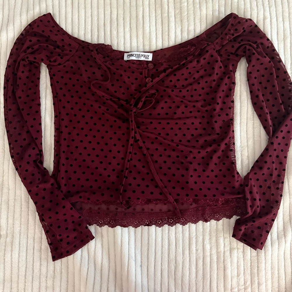 Princess Polly: On My Side Off Shoulder Tie Neck Top Burgundy *discontinued* - Picture 5 of 7